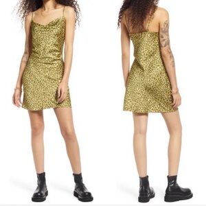 BP Nordstrom Green Satin Leopard Print Mini Dress Cowl Neck Slip Dress Y2K